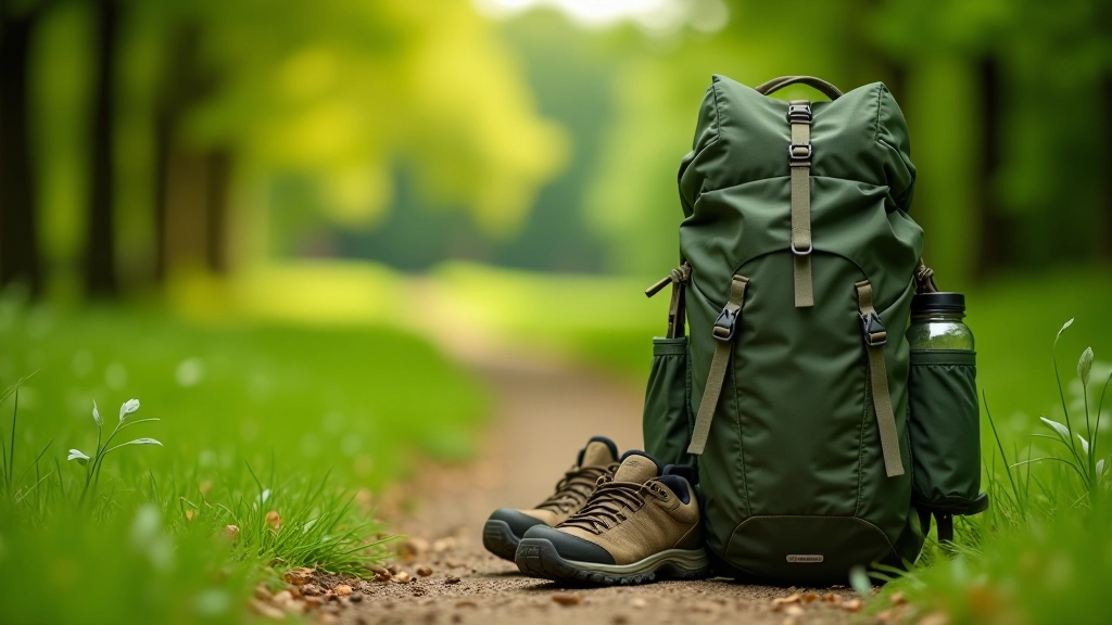 Zaino da escursionismo con bottiglia d'acqua, attrezzatura da trekking, sfondo naturale